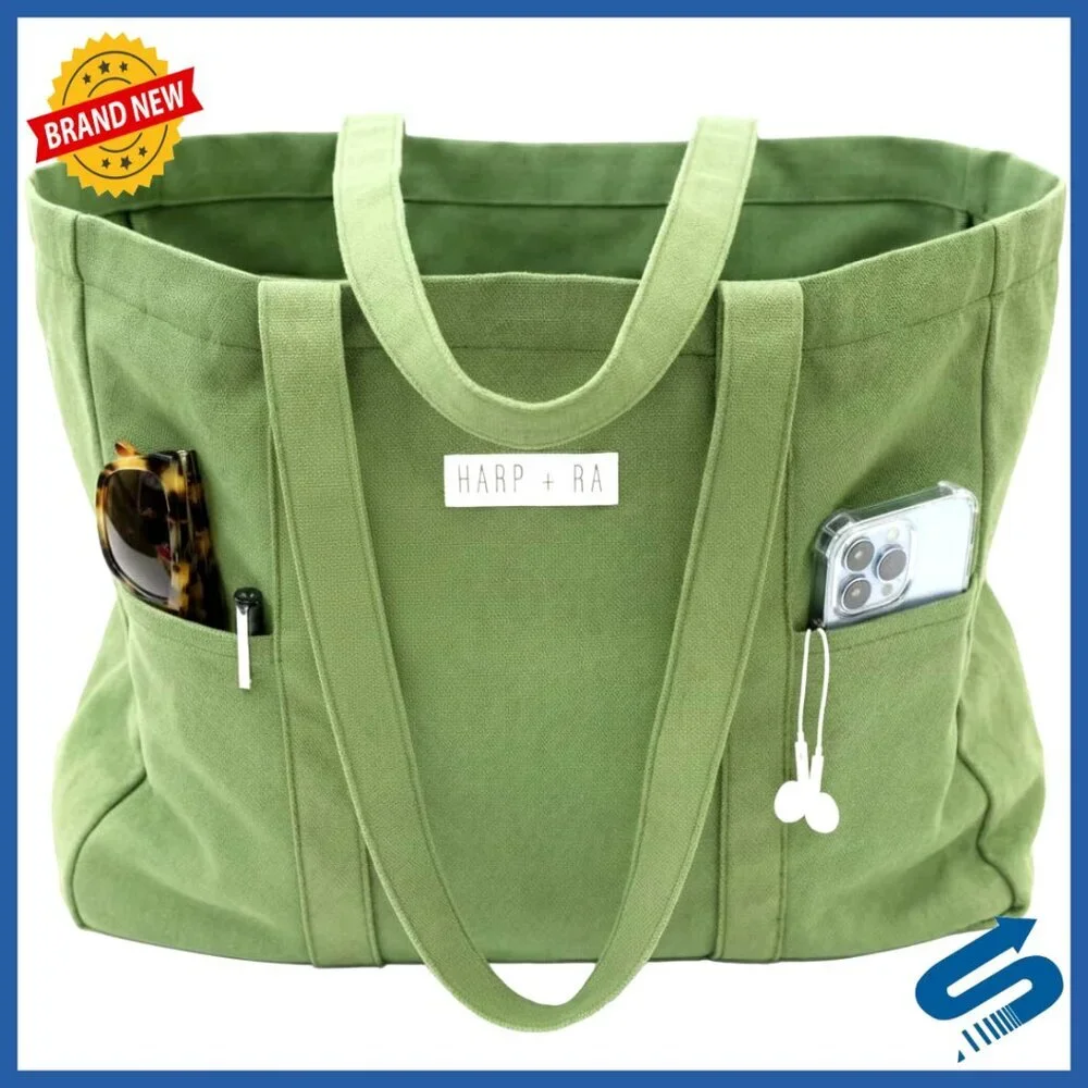 Extra Large Canvas Tote Bag Unstructured Open Top Everyday Carry Pockets